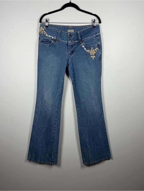 Decoded Denim - Vintage Y2K Decoded Blue Denim Flare Jeans Beaded Low Rise Boho Festival 9/10